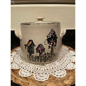 Vintage Home & Garden Party Birdhouse Stoneware Crock
